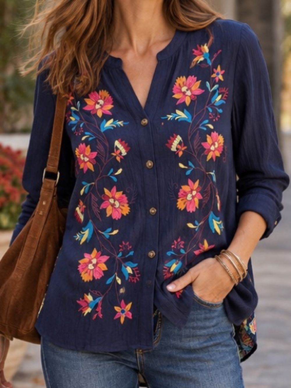 Soft Surroundings Nesta Navy Floral Embroidered Paisley Contrast Long Sleeve Top